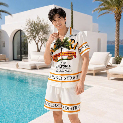 Set Áo Sơ Mi Và Quần Short Lụa Họa Tiết SMRBO-08 BEAVERTEE Form Oversize Unisex Nam Nữ, Thiết Kế Trắng Cam Graphic California Summer Arts District Cây Dừa Nổi Bật, Lụa Mềm Mịn Nhẹ Thoáng Mát