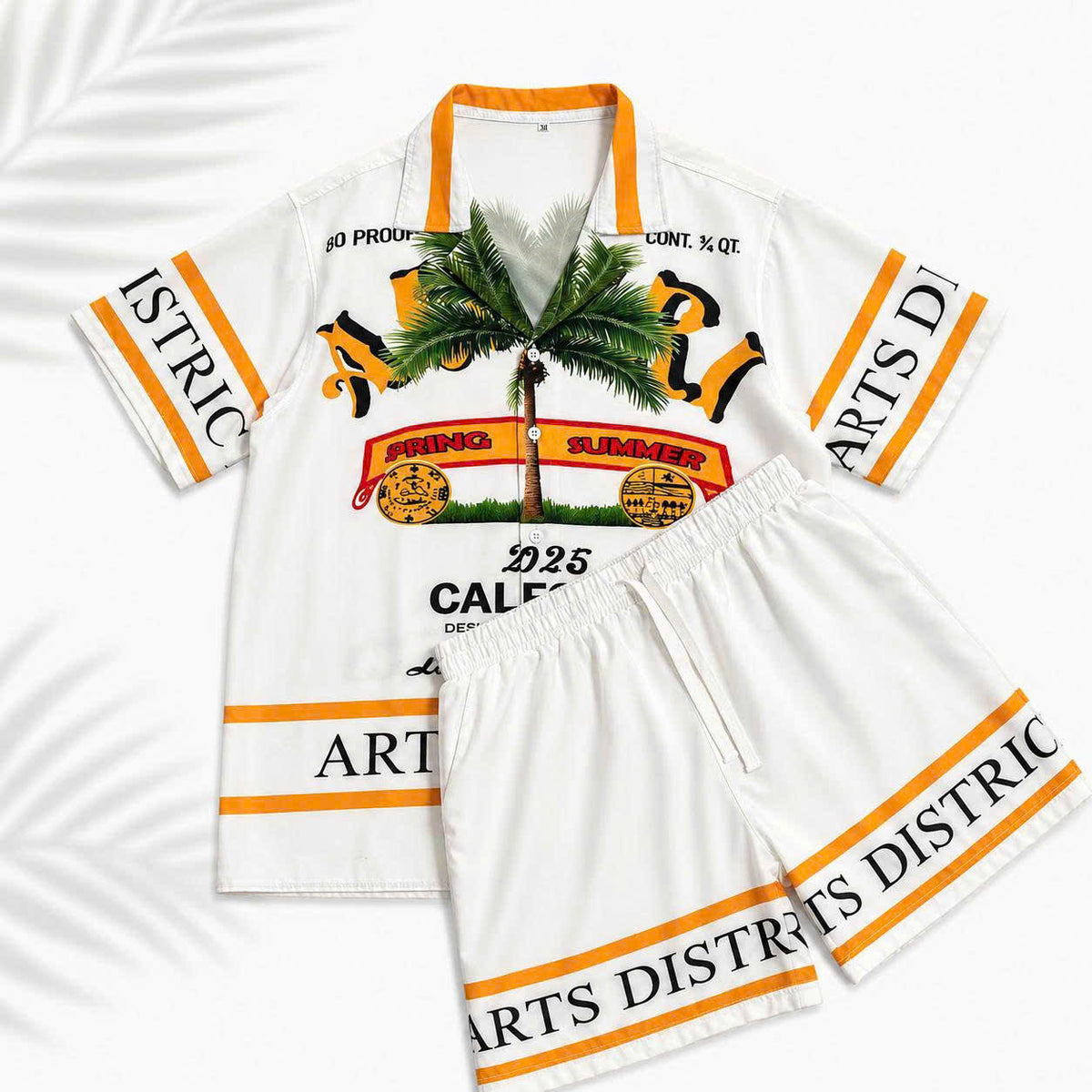 Set Áo Sơ Mi Và Quần Short Lụa Họa Tiết SMRBO-08 BEAVERTEE Form Oversize Unisex Nam Nữ, Thiết Kế Trắng Cam Graphic California Summer Arts District Cây Dừa Nổi Bật, Lụa Mềm Mịn Nhẹ Thoáng Mát