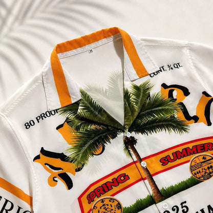 Set Áo Sơ Mi Và Quần Short Lụa Họa Tiết SMRBO-08 BEAVERTEE Form Oversize Unisex Nam Nữ, Thiết Kế Trắng Cam Graphic California Summer Arts District Cây Dừa Nổi Bật, Lụa Mềm Mịn Nhẹ Thoáng Mát