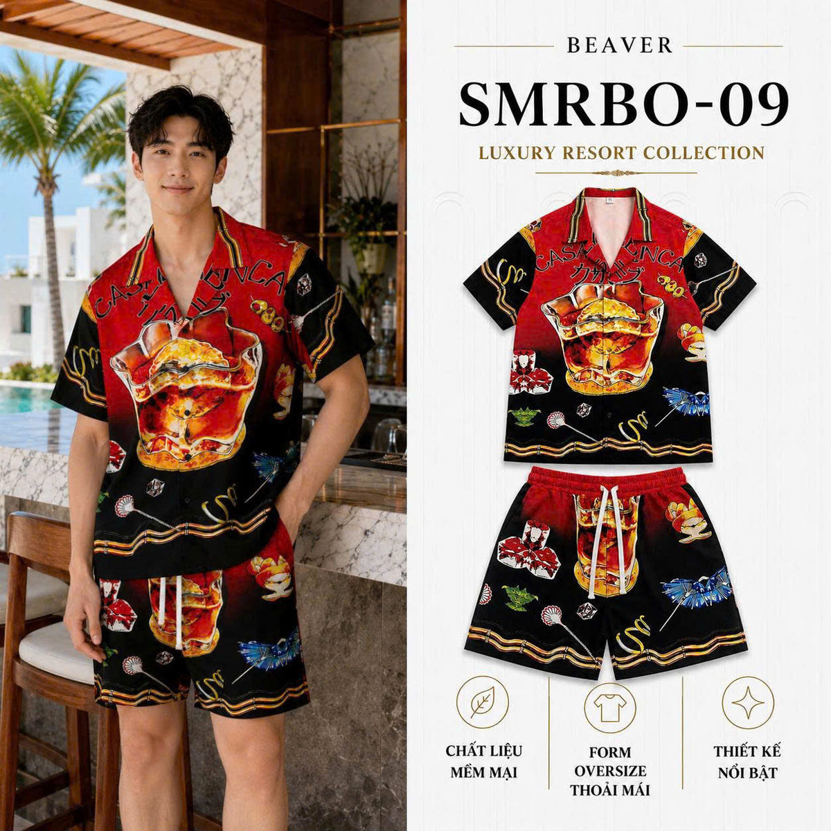 Set Áo Sơ Mi Và Quần Short Lụa Họa Tiết SMRBO-09 BEAVERTEE Form Oversize Unisex Nam Nữ, Thiết Kế Đỏ Đen Graphic Cocktail Tropical Cá Tính Nổi Bật, Lụa Mềm Mịn Nhẹ Thoáng Mát