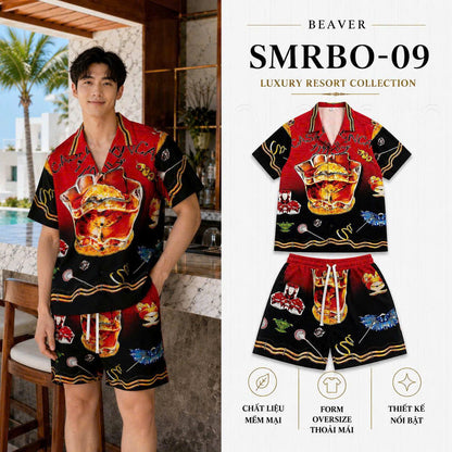 Set Áo Sơ Mi Và Quần Short Lụa Họa Tiết SMRBO-09 BEAVERTEE Form Oversize Unisex Nam Nữ, Thiết Kế Đỏ Đen Graphic Cocktail Tropical Cá Tính Nổi Bật, Lụa Mềm Mịn Nhẹ Thoáng Mát