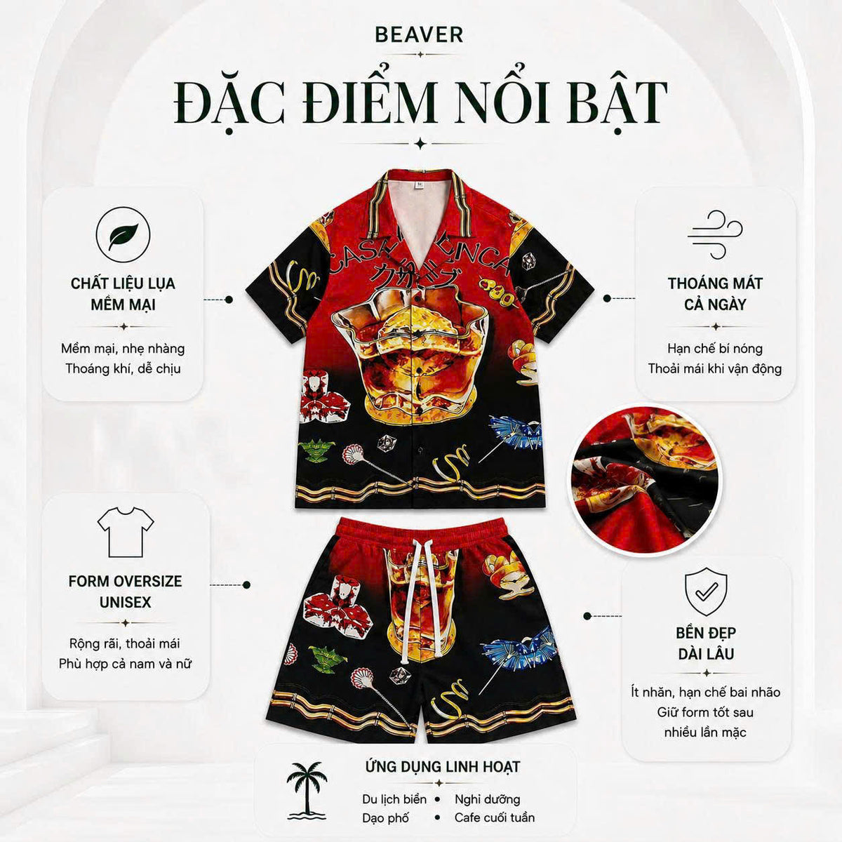 Set Áo Sơ Mi Và Quần Short Lụa Họa Tiết SMRBO-09 BEAVERTEE Form Oversize Unisex Nam Nữ, Thiết Kế Đỏ Đen Graphic Cocktail Tropical Cá Tính Nổi Bật, Lụa Mềm Mịn Nhẹ Thoáng Mát