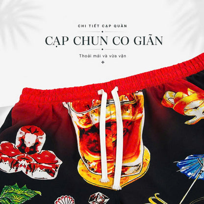 Set Áo Sơ Mi Và Quần Short Lụa Họa Tiết SMRBO-09 BEAVERTEE Form Oversize Unisex Nam Nữ, Thiết Kế Đỏ Đen Graphic Cocktail Tropical Cá Tính Nổi Bật, Lụa Mềm Mịn Nhẹ Thoáng Mát