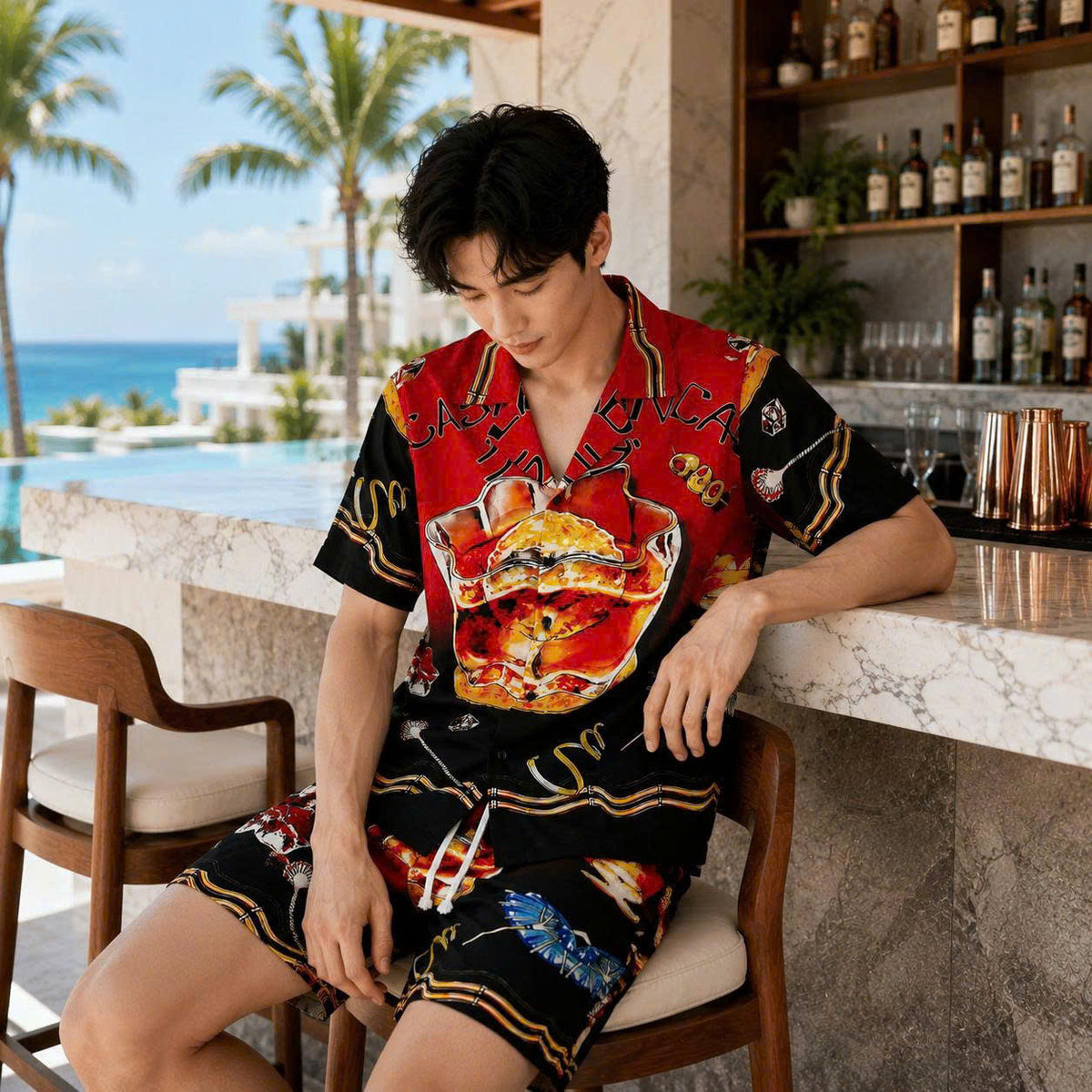 Set Áo Sơ Mi Và Quần Short Lụa Họa Tiết SMRBO-09 BEAVERTEE Form Oversize Unisex Nam Nữ, Thiết Kế Đỏ Đen Graphic Cocktail Tropical Cá Tính Nổi Bật, Lụa Mềm Mịn Nhẹ Thoáng Mát