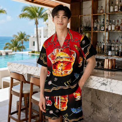Set Áo Sơ Mi Và Quần Short Lụa Họa Tiết SMRBO-09 BEAVERTEE Form Oversize Unisex Nam Nữ, Thiết Kế Đỏ Đen Graphic Cocktail Tropical Cá Tính Nổi Bật, Lụa Mềm Mịn Nhẹ Thoáng Mát