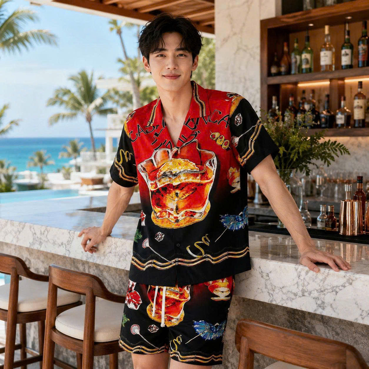 Set Áo Sơ Mi Và Quần Short Lụa Họa Tiết SMRBO-09 BEAVERTEE Form Oversize Unisex Nam Nữ, Thiết Kế Đỏ Đen Graphic Cocktail Tropical Cá Tính Nổi Bật, Lụa Mềm Mịn Nhẹ Thoáng Mát