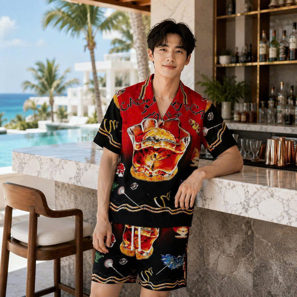 Set Áo Sơ Mi Và Quần Short Lụa Họa Tiết SMRBO-09 BEAVERTEE Form Oversize Unisex Nam Nữ, Thiết Kế Đỏ Đen Graphic Cocktail Tropical Cá Tính Nổi Bật, Lụa Mềm Mịn Nhẹ Thoáng Mát
