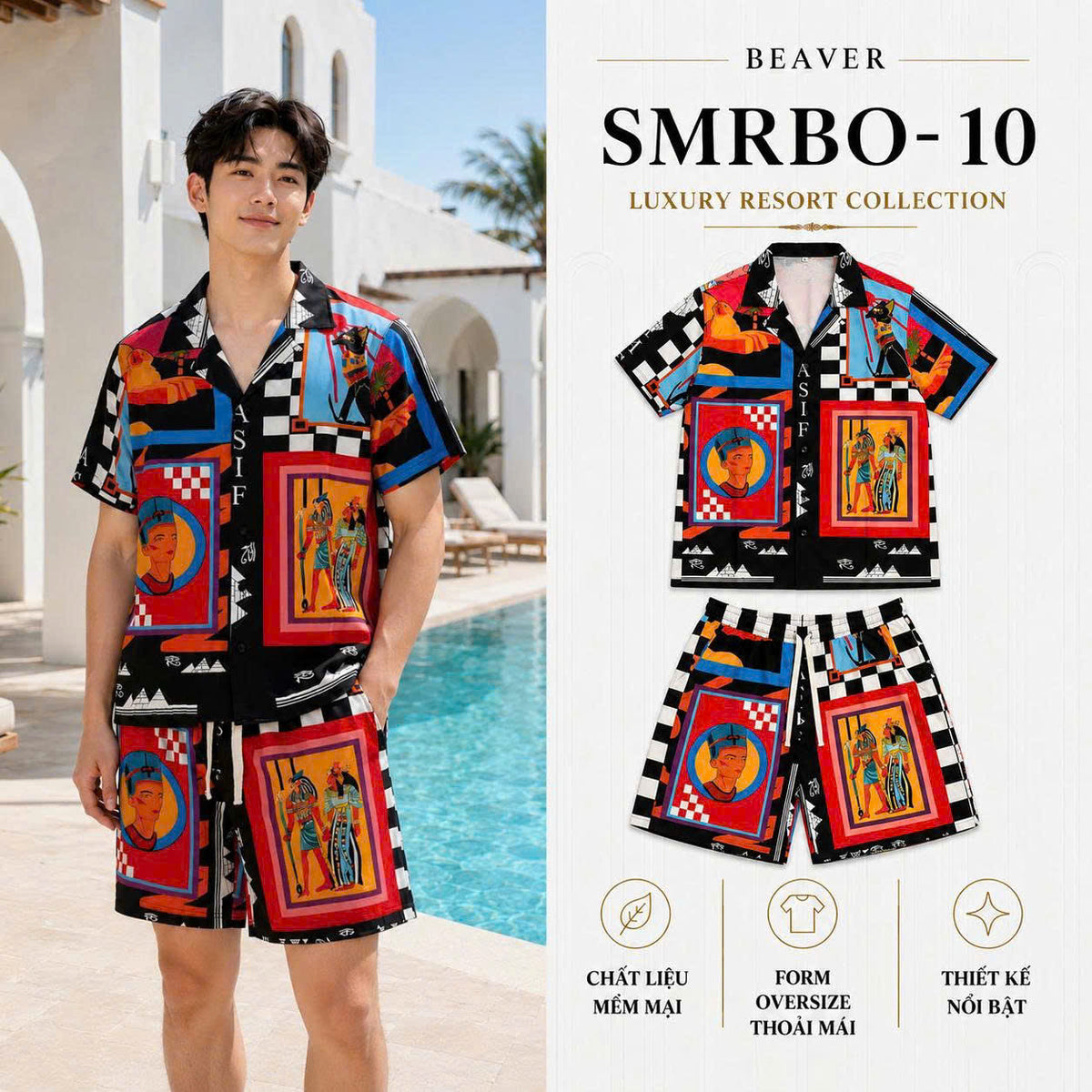 Set Áo Sơ Mi Và Quần Short Lụa Họa Tiết SMRBO-10 BEAVERTEE Form Oversize Unisex Nam Nữ, Thiết Kế Đen Đỏ Xanh Họa Tiết Nghệ Thuật Ai Cập Cổ Đại Nổi Bật, Lụa Mềm Mịn Nhẹ Thoáng Mát
