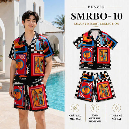 Set Áo Sơ Mi Và Quần Short Lụa Họa Tiết SMRBO-10 BEAVERTEE Form Oversize Unisex Nam Nữ, Thiết Kế Đen Đỏ Xanh Họa Tiết Nghệ Thuật Ai Cập Cổ Đại Nổi Bật, Lụa Mềm Mịn Nhẹ Thoáng Mát