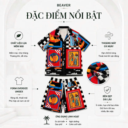 Set Áo Sơ Mi Và Quần Short Lụa Họa Tiết SMRBO-10 BEAVERTEE Form Oversize Unisex Nam Nữ, Thiết Kế Đen Đỏ Xanh Họa Tiết Nghệ Thuật Ai Cập Cổ Đại Nổi Bật, Lụa Mềm Mịn Nhẹ Thoáng Mát