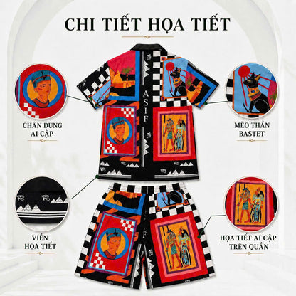 Set Áo Sơ Mi Và Quần Short Lụa Họa Tiết SMRBO-10 BEAVERTEE Form Oversize Unisex Nam Nữ, Thiết Kế Đen Đỏ Xanh Họa Tiết Nghệ Thuật Ai Cập Cổ Đại Nổi Bật, Lụa Mềm Mịn Nhẹ Thoáng Mát