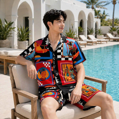 Set Áo Sơ Mi Và Quần Short Lụa Họa Tiết SMRBO-10 BEAVERTEE Form Oversize Unisex Nam Nữ, Thiết Kế Đen Đỏ Xanh Họa Tiết Nghệ Thuật Ai Cập Cổ Đại Nổi Bật, Lụa Mềm Mịn Nhẹ Thoáng Mát