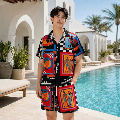 Set Áo Sơ Mi Và Quần Short Lụa Họa Tiết SMRBO-10 BEAVERTEE Form Oversize Unisex Nam Nữ, Thiết Kế Đen Đỏ Xanh Họa Tiết Nghệ Thuật Ai Cập Cổ Đại Nổi Bật, Lụa Mềm Mịn Nhẹ Thoáng Mát