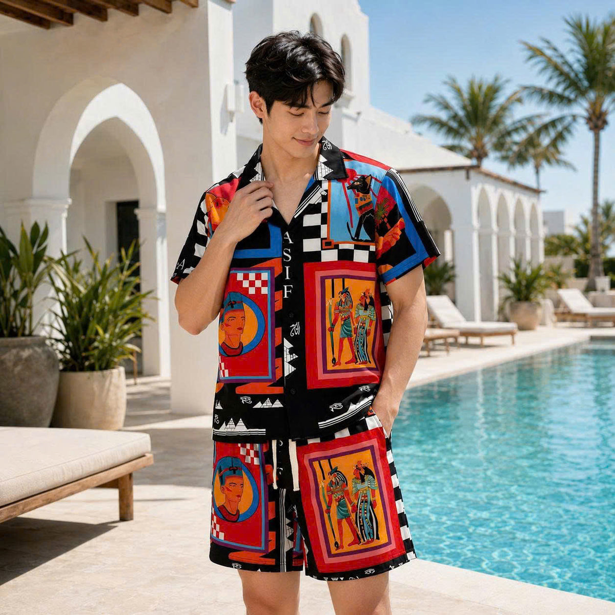 Set Áo Sơ Mi Và Quần Short Lụa Họa Tiết SMRBO-10 BEAVERTEE Form Oversize Unisex Nam Nữ, Thiết Kế Đen Đỏ Xanh Họa Tiết Nghệ Thuật Ai Cập Cổ Đại Nổi Bật, Lụa Mềm Mịn Nhẹ Thoáng Mát