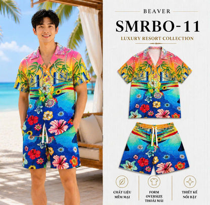 Set Áo Sơ Mi Và Quần Short Lụa Họa Tiết SMRBO-11 BEAVERTEE Form Oversize Unisex Nam Nữ, Thiết Kế Tropical Hoa Lá Cây Dừa Đa Sắc Rực Rỡ, Phong Cách Resort Mùa Hè, Lụa Mềm Mịn Nhẹ Thoáng Mát