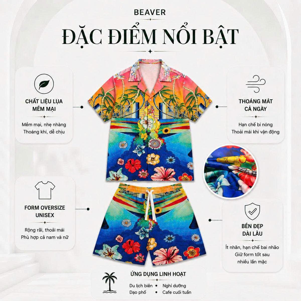 Set Áo Sơ Mi Và Quần Short Lụa Họa Tiết SMRBO-11 BEAVERTEE Form Oversize Unisex Nam Nữ, Thiết Kế Tropical Hoa Lá Cây Dừa Đa Sắc Rực Rỡ, Phong Cách Resort Mùa Hè, Lụa Mềm Mịn Nhẹ Thoáng Mát