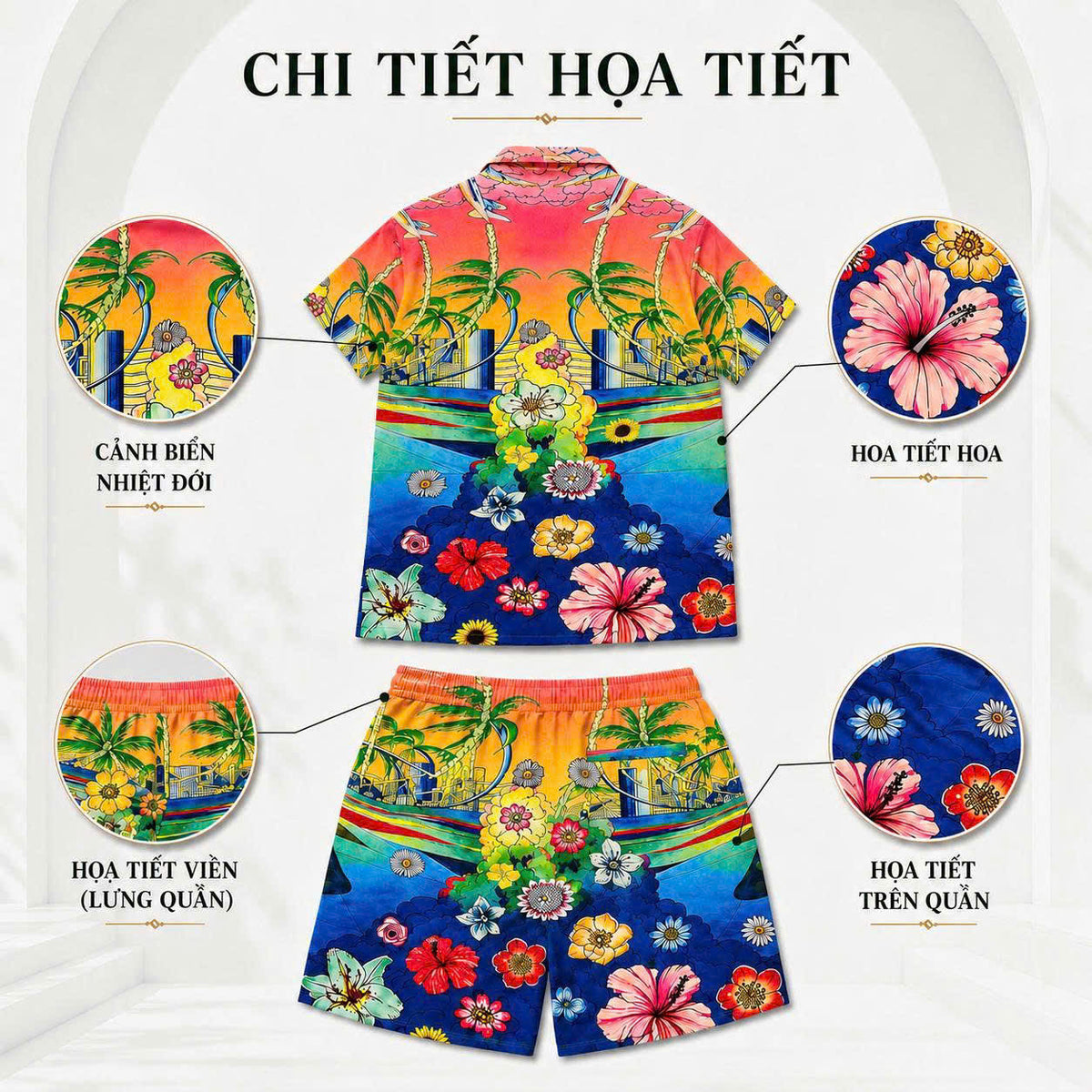 Set Áo Sơ Mi Và Quần Short Lụa Họa Tiết SMRBO-11 BEAVERTEE Form Oversize Unisex Nam Nữ, Thiết Kế Tropical Hoa Lá Cây Dừa Đa Sắc Rực Rỡ, Phong Cách Resort Mùa Hè, Lụa Mềm Mịn Nhẹ Thoáng Mát