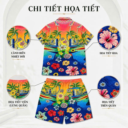 Set Áo Sơ Mi Và Quần Short Lụa Họa Tiết SMRBO-11 BEAVERTEE Form Oversize Unisex Nam Nữ, Thiết Kế Tropical Hoa Lá Cây Dừa Đa Sắc Rực Rỡ, Phong Cách Resort Mùa Hè, Lụa Mềm Mịn Nhẹ Thoáng Mát