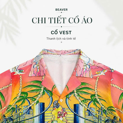 Set Áo Sơ Mi Và Quần Short Lụa Họa Tiết SMRBO-11 BEAVERTEE Form Oversize Unisex Nam Nữ, Thiết Kế Tropical Hoa Lá Cây Dừa Đa Sắc Rực Rỡ, Phong Cách Resort Mùa Hè, Lụa Mềm Mịn Nhẹ Thoáng Mát