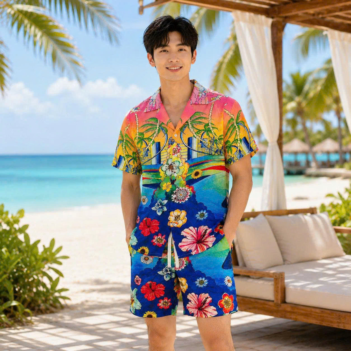 Set Áo Sơ Mi Và Quần Short Lụa Họa Tiết SMRBO-11 BEAVERTEE Form Oversize Unisex Nam Nữ, Thiết Kế Tropical Hoa Lá Cây Dừa Đa Sắc Rực Rỡ, Phong Cách Resort Mùa Hè, Lụa Mềm Mịn Nhẹ Thoáng Mát