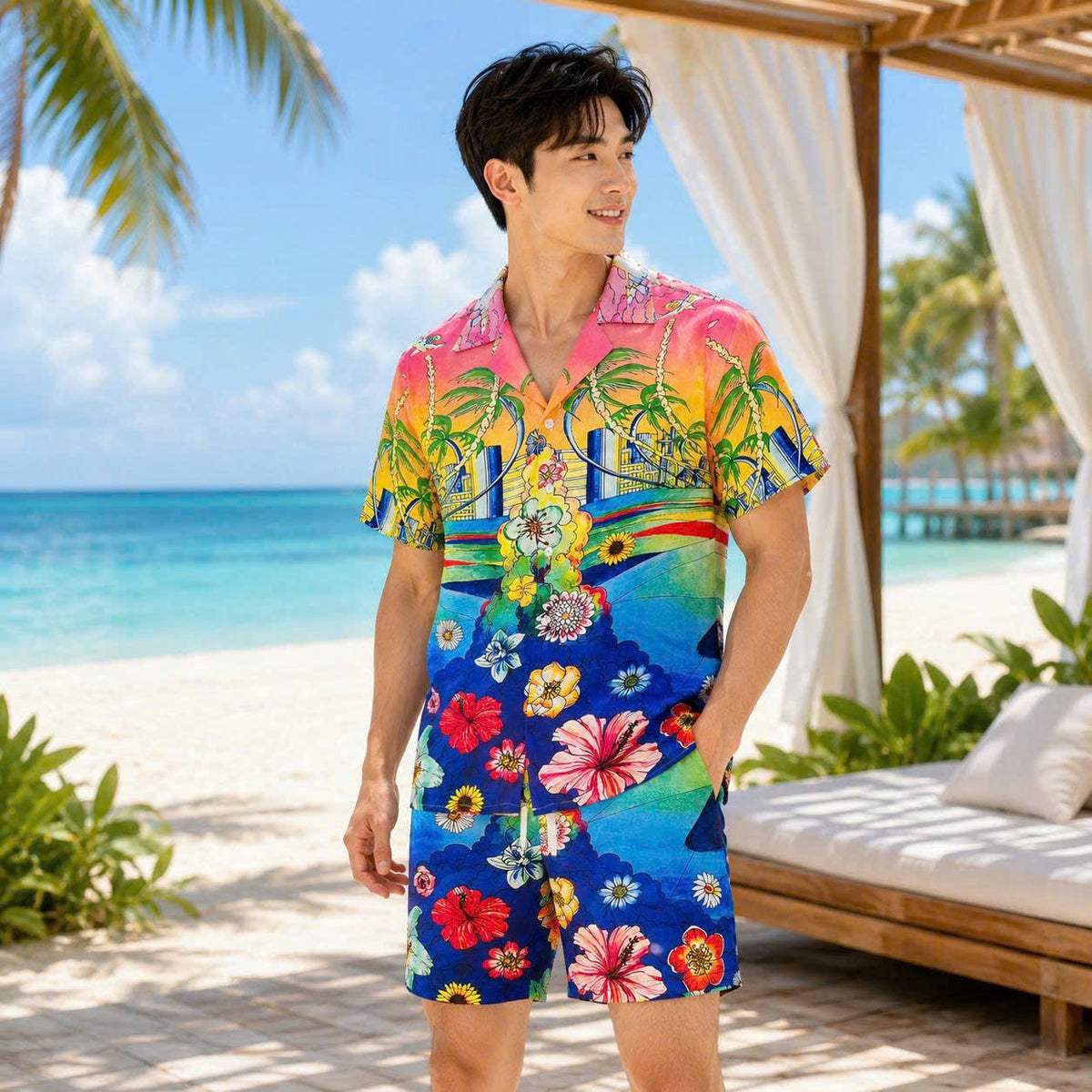 Set Áo Sơ Mi Và Quần Short Lụa Họa Tiết SMRBO-11 BEAVERTEE Form Oversize Unisex Nam Nữ, Thiết Kế Tropical Hoa Lá Cây Dừa Đa Sắc Rực Rỡ, Phong Cách Resort Mùa Hè, Lụa Mềm Mịn Nhẹ Thoáng Mát