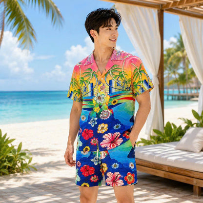 Set Áo Sơ Mi Và Quần Short Lụa Họa Tiết SMRBO-11 BEAVERTEE Form Oversize Unisex Nam Nữ, Thiết Kế Tropical Hoa Lá Cây Dừa Đa Sắc Rực Rỡ, Phong Cách Resort Mùa Hè, Lụa Mềm Mịn Nhẹ Thoáng Mát
