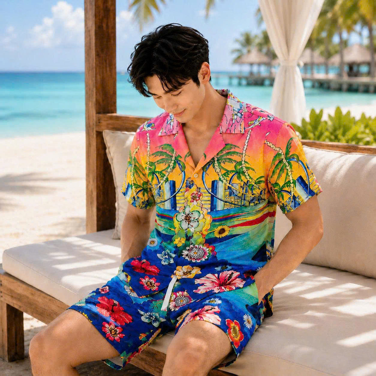Set Áo Sơ Mi Và Quần Short Lụa Họa Tiết SMRBO-11 BEAVERTEE Form Oversize Unisex Nam Nữ, Thiết Kế Tropical Hoa Lá Cây Dừa Đa Sắc Rực Rỡ, Phong Cách Resort Mùa Hè, Lụa Mềm Mịn Nhẹ Thoáng Mát