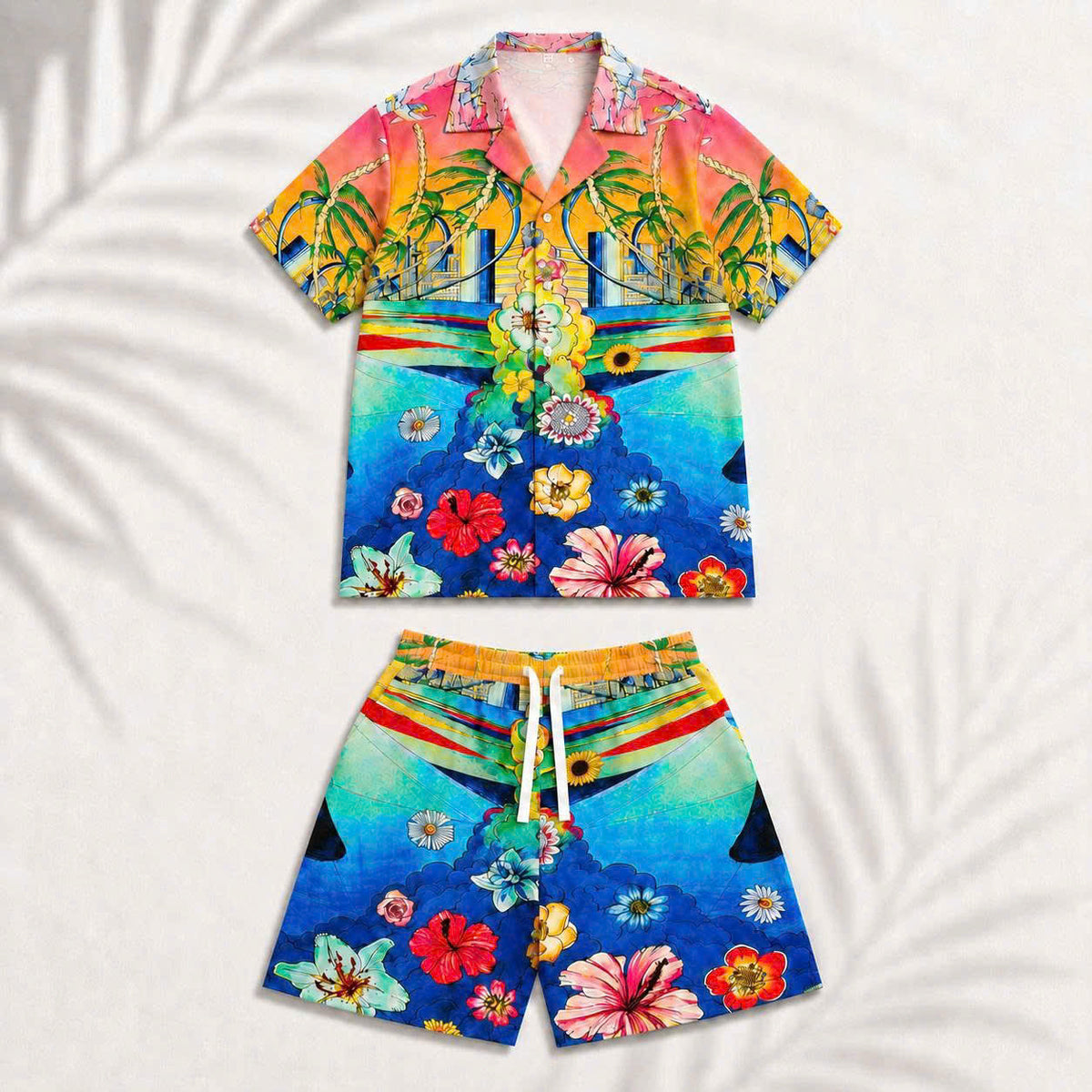 Set Áo Sơ Mi Và Quần Short Lụa Họa Tiết SMRBO-11 BEAVERTEE Form Oversize Unisex Nam Nữ, Thiết Kế Tropical Hoa Lá Cây Dừa Đa Sắc Rực Rỡ, Phong Cách Resort Mùa Hè, Lụa Mềm Mịn Nhẹ Thoáng Mát