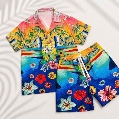 Set Áo Sơ Mi Và Quần Short Lụa Họa Tiết SMRBO-11 BEAVERTEE Form Oversize Unisex Nam Nữ, Thiết Kế Tropical Hoa Lá Cây Dừa Đa Sắc Rực Rỡ, Phong Cách Resort Mùa Hè, Lụa Mềm Mịn Nhẹ Thoáng Mát