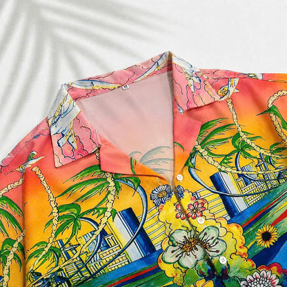 Set Áo Sơ Mi Và Quần Short Lụa Họa Tiết SMRBO-11 BEAVERTEE Form Oversize Unisex Nam Nữ, Thiết Kế Tropical Hoa Lá Cây Dừa Đa Sắc Rực Rỡ, Phong Cách Resort Mùa Hè, Lụa Mềm Mịn Nhẹ Thoáng Mát