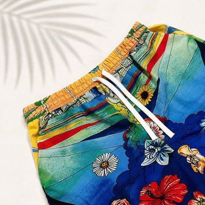 Set Áo Sơ Mi Và Quần Short Lụa Họa Tiết SMRBO-11 BEAVERTEE Form Oversize Unisex Nam Nữ, Thiết Kế Tropical Hoa Lá Cây Dừa Đa Sắc Rực Rỡ, Phong Cách Resort Mùa Hè, Lụa Mềm Mịn Nhẹ Thoáng Mát