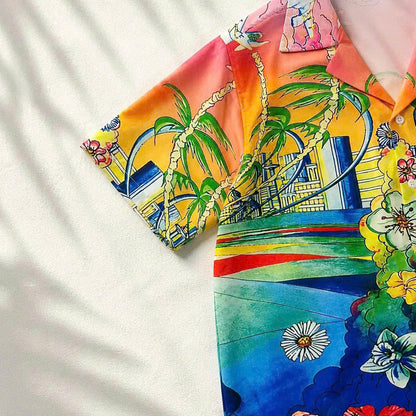 Set Áo Sơ Mi Và Quần Short Lụa Họa Tiết SMRBO-11 BEAVERTEE Form Oversize Unisex Nam Nữ, Thiết Kế Tropical Hoa Lá Cây Dừa Đa Sắc Rực Rỡ, Phong Cách Resort Mùa Hè, Lụa Mềm Mịn Nhẹ Thoáng Mát
