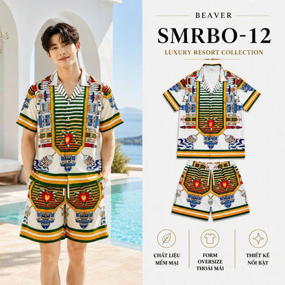Set Áo Sơ Mi Và Quần Short Lụa Họa Tiết SMRBO-12 BEAVERTEE Form Oversize Unisex Nam Nữ, Thiết Kế Trắng Xanh Vàng Họa Tiết Ai Cập Cổ Đại Pharaon Bọ Hung Nổi Bật, Lụa Mềm Mịn Nhẹ Thoáng Mát