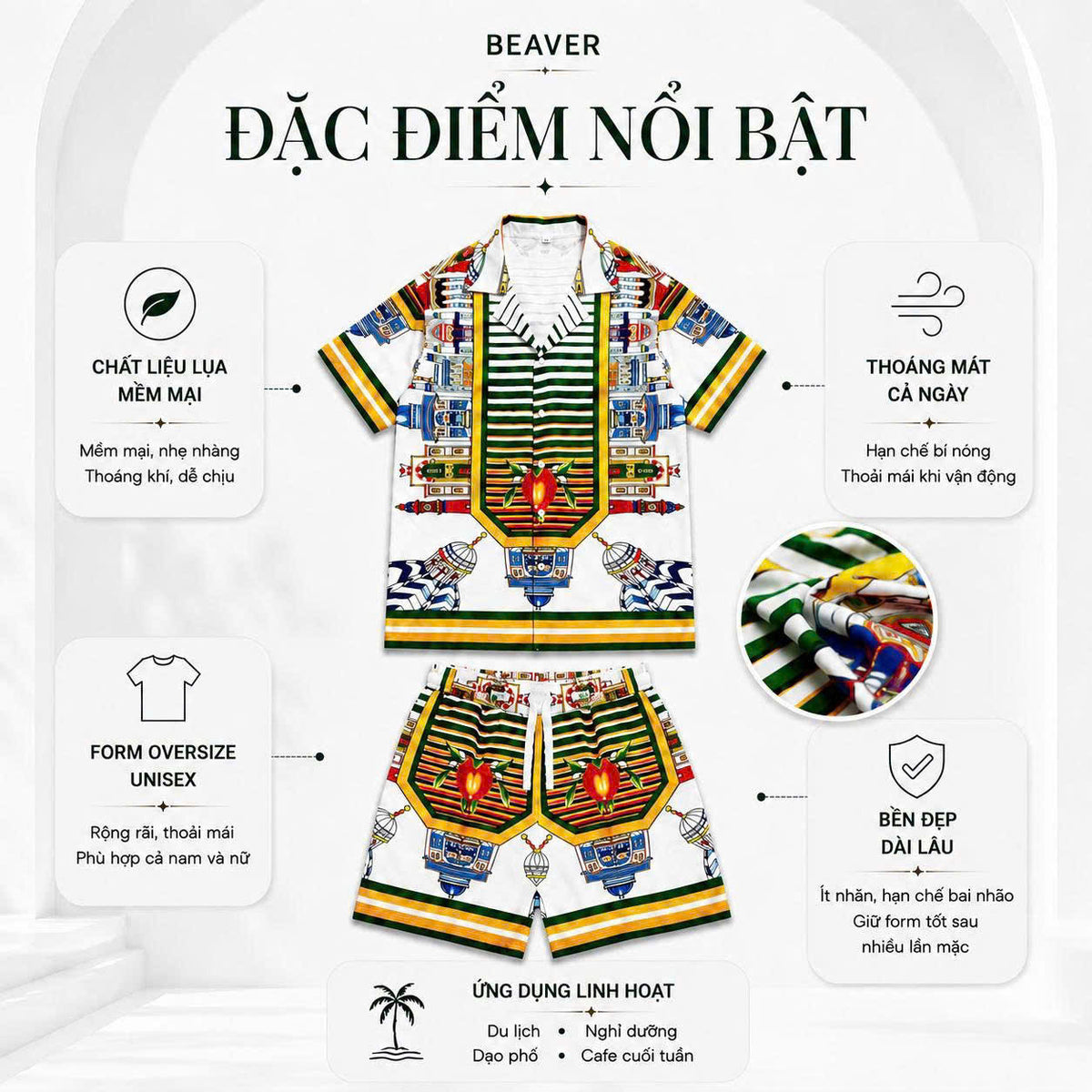 Set Áo Sơ Mi Và Quần Short Lụa Họa Tiết SMRBO-12 BEAVERTEE Form Oversize Unisex Nam Nữ, Thiết Kế Trắng Xanh Vàng Họa Tiết Ai Cập Cổ Đại Pharaon Bọ Hung Nổi Bật, Lụa Mềm Mịn Nhẹ Thoáng Mát