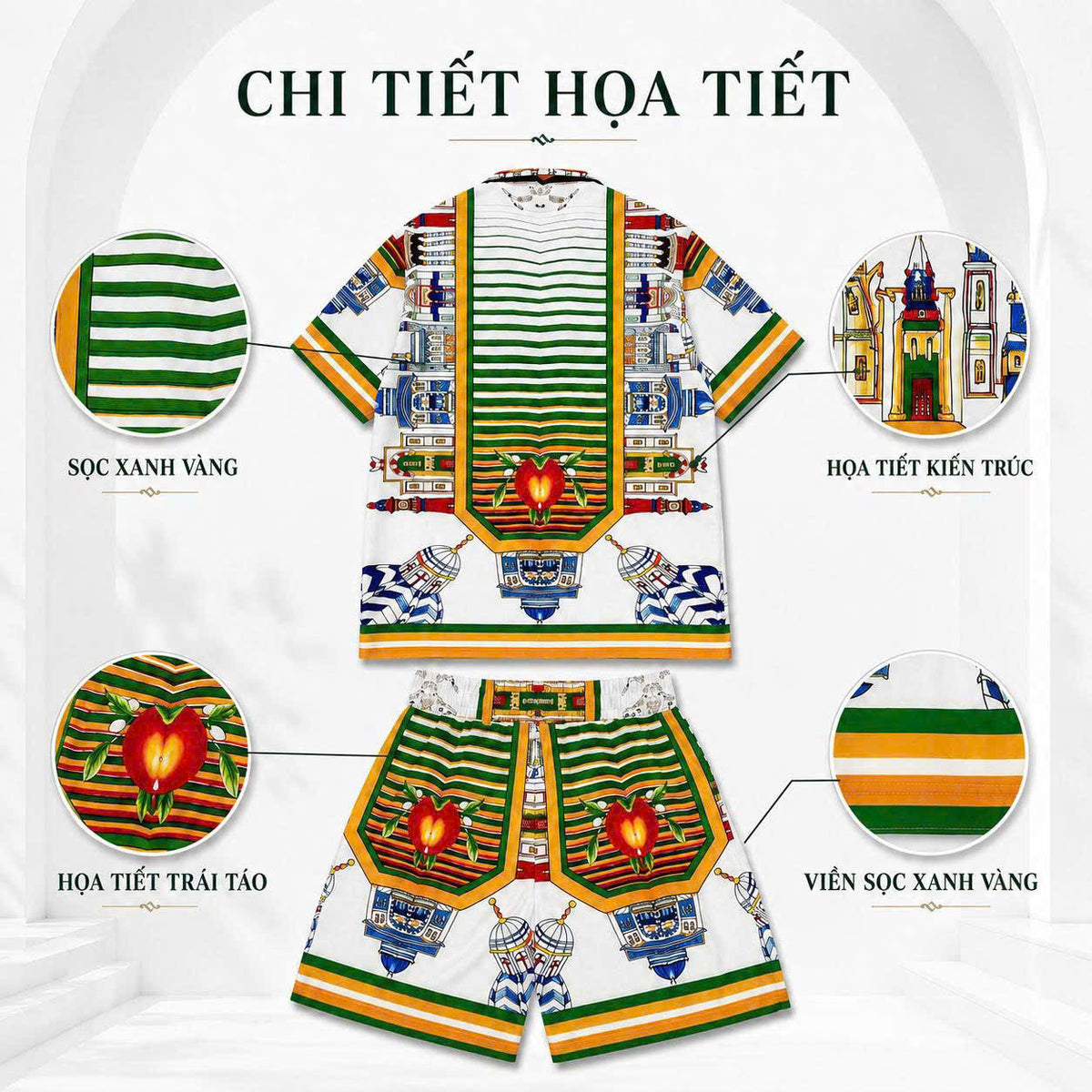 Set Áo Sơ Mi Và Quần Short Lụa Họa Tiết SMRBO-12 BEAVERTEE Form Oversize Unisex Nam Nữ, Thiết Kế Trắng Xanh Vàng Họa Tiết Ai Cập Cổ Đại Pharaon Bọ Hung Nổi Bật, Lụa Mềm Mịn Nhẹ Thoáng Mát