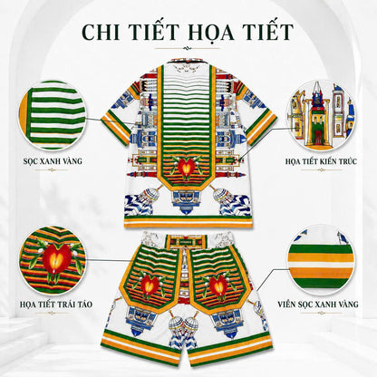 Set Áo Sơ Mi Và Quần Short Lụa Họa Tiết SMRBO-12 BEAVERTEE Form Oversize Unisex Nam Nữ, Thiết Kế Trắng Xanh Vàng Họa Tiết Ai Cập Cổ Đại Pharaon Bọ Hung Nổi Bật, Lụa Mềm Mịn Nhẹ Thoáng Mát