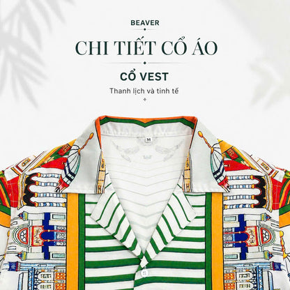 Set Áo Sơ Mi Và Quần Short Lụa Họa Tiết SMRBO-12 BEAVERTEE Form Oversize Unisex Nam Nữ, Thiết Kế Trắng Xanh Vàng Họa Tiết Ai Cập Cổ Đại Pharaon Bọ Hung Nổi Bật, Lụa Mềm Mịn Nhẹ Thoáng Mát