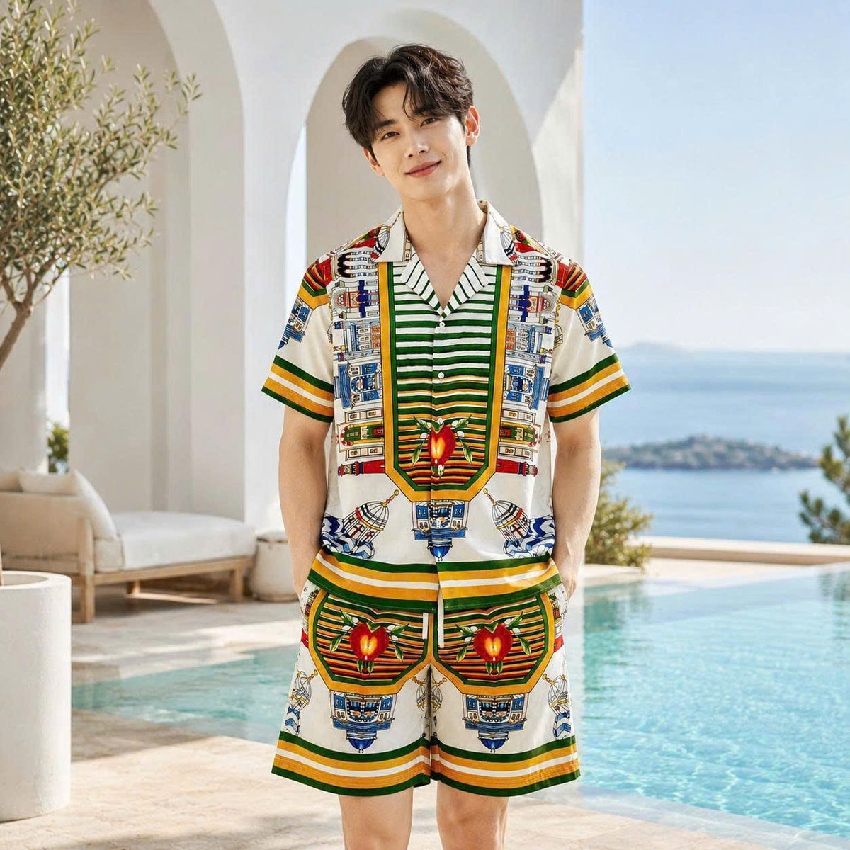 Set Áo Sơ Mi Và Quần Short Lụa Họa Tiết SMRBO-12 BEAVERTEE Form Oversize Unisex Nam Nữ, Thiết Kế Trắng Xanh Vàng Họa Tiết Ai Cập Cổ Đại Pharaon Bọ Hung Nổi Bật, Lụa Mềm Mịn Nhẹ Thoáng Mát