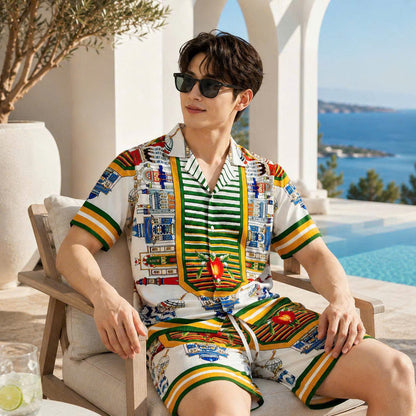 Set Áo Sơ Mi Và Quần Short Lụa Họa Tiết SMRBO-12 BEAVERTEE Form Oversize Unisex Nam Nữ, Thiết Kế Trắng Xanh Vàng Họa Tiết Ai Cập Cổ Đại Pharaon Bọ Hung Nổi Bật, Lụa Mềm Mịn Nhẹ Thoáng Mát