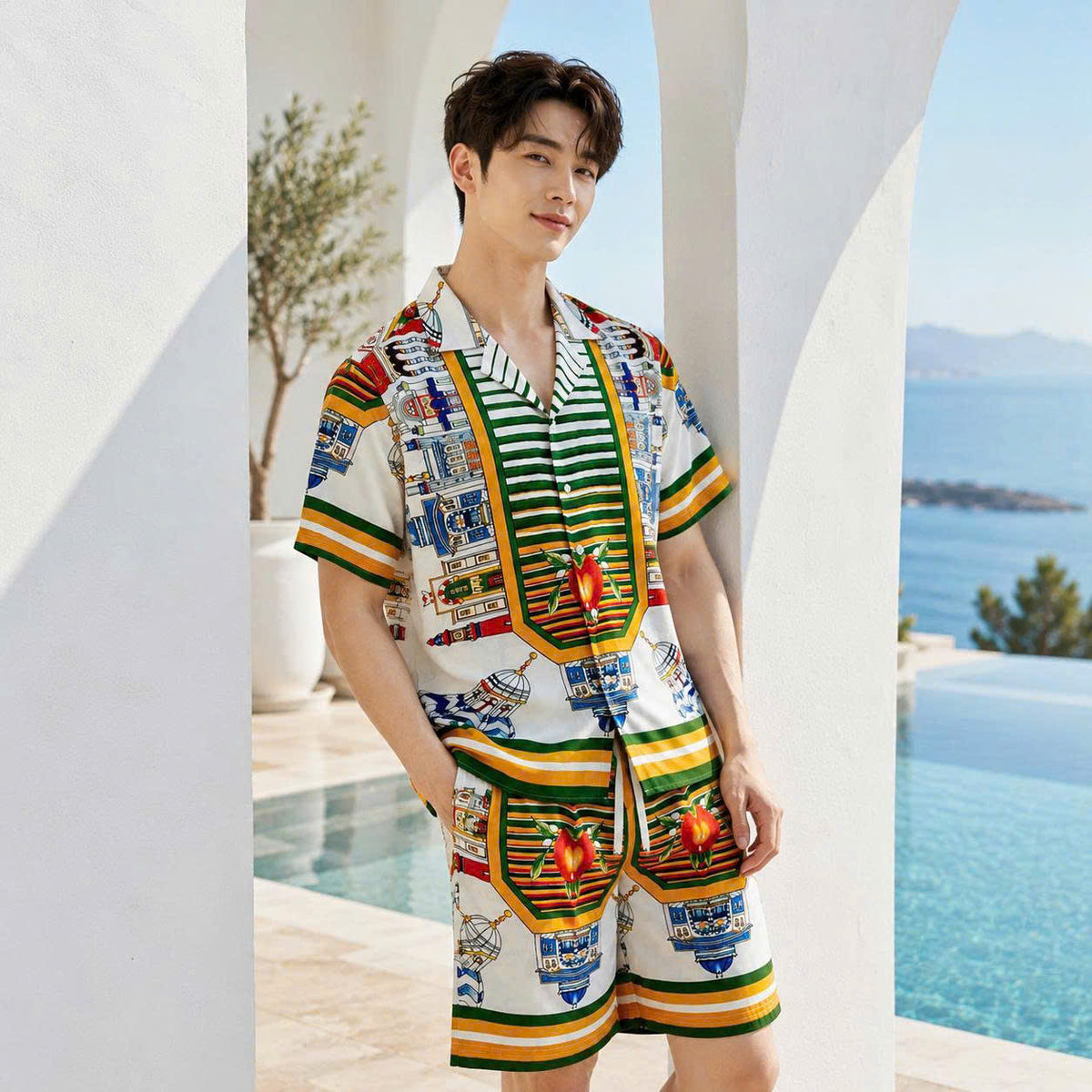 Set Áo Sơ Mi Và Quần Short Lụa Họa Tiết SMRBO-12 BEAVERTEE Form Oversize Unisex Nam Nữ, Thiết Kế Trắng Xanh Vàng Họa Tiết Ai Cập Cổ Đại Pharaon Bọ Hung Nổi Bật, Lụa Mềm Mịn Nhẹ Thoáng Mát
