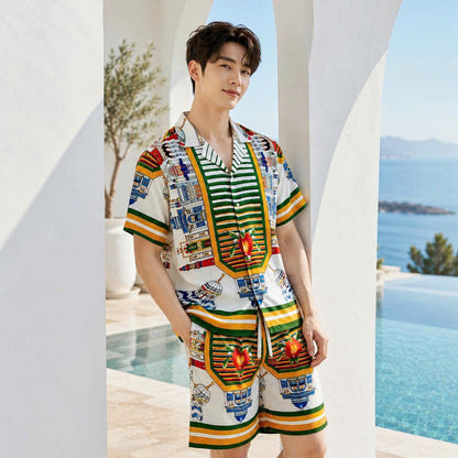 Set Áo Sơ Mi Và Quần Short Lụa Họa Tiết SMRBO-12 BEAVERTEE Form Oversize Unisex Nam Nữ, Thiết Kế Trắng Xanh Vàng Họa Tiết Ai Cập Cổ Đại Pharaon Bọ Hung Nổi Bật, Lụa Mềm Mịn Nhẹ Thoáng Mát