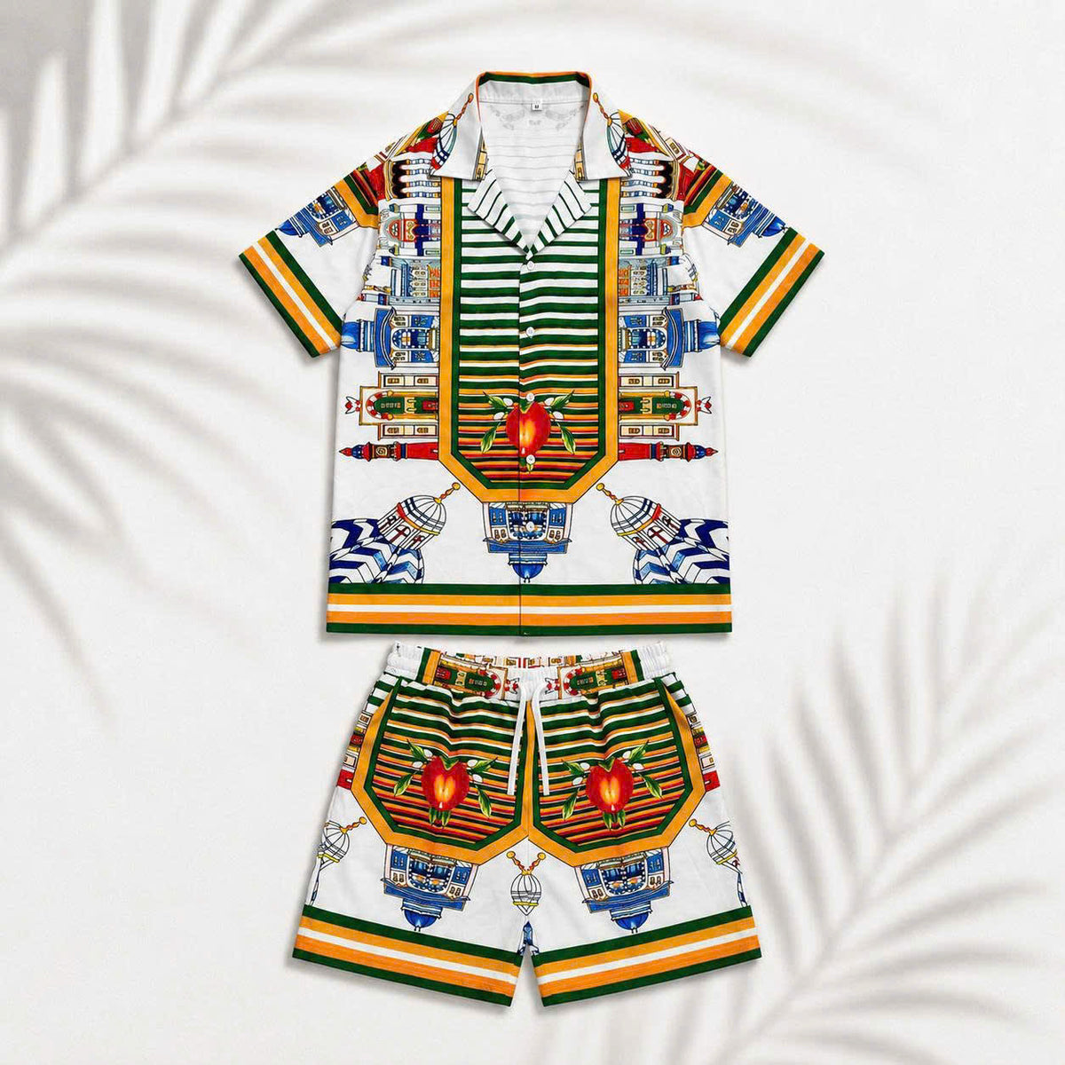Set Áo Sơ Mi Và Quần Short Lụa Họa Tiết SMRBO-12 BEAVERTEE Form Oversize Unisex Nam Nữ, Thiết Kế Trắng Xanh Vàng Họa Tiết Ai Cập Cổ Đại Pharaon Bọ Hung Nổi Bật, Lụa Mềm Mịn Nhẹ Thoáng Mát