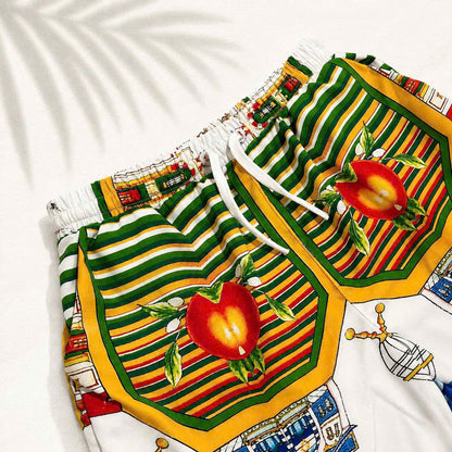 Set Áo Sơ Mi Và Quần Short Lụa Họa Tiết SMRBO-12 BEAVERTEE Form Oversize Unisex Nam Nữ, Thiết Kế Trắng Xanh Vàng Họa Tiết Ai Cập Cổ Đại Pharaon Bọ Hung Nổi Bật, Lụa Mềm Mịn Nhẹ Thoáng Mát