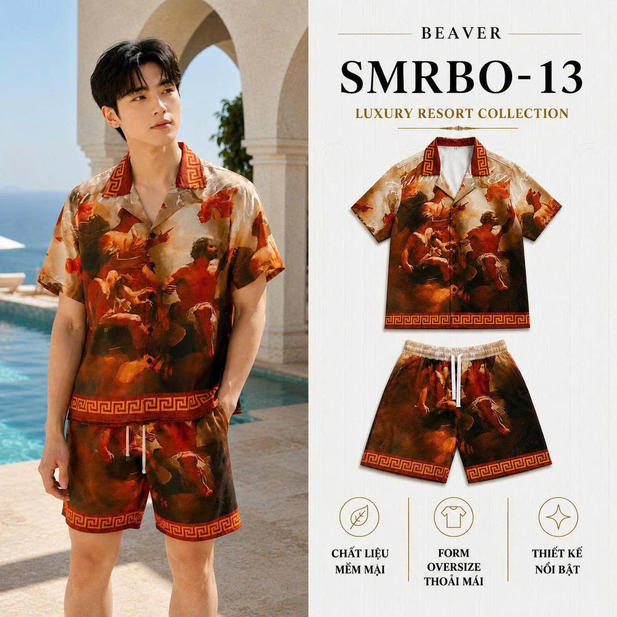 Set Áo Sơ Mi Và Quần Short Lụa Họa Tiết SMRBO-13 BEAVERTEE Form Oversize Unisex Nam Nữ, Thiết Kế Tranh Nghệ Thuật Cổ Điển Tone Nâu Đỏ Sang Trọng, Lụa Mềm Mịn Nhẹ Thoáng Mát