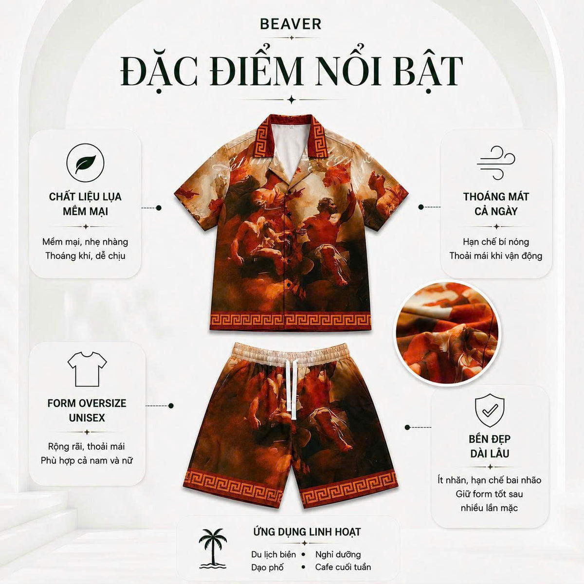 Set Áo Sơ Mi Và Quần Short Lụa Họa Tiết SMRBO-13 BEAVERTEE Form Oversize Unisex Nam Nữ, Thiết Kế Tranh Nghệ Thuật Cổ Điển Tone Nâu Đỏ Sang Trọng, Lụa Mềm Mịn Nhẹ Thoáng Mát