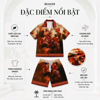 Set Áo Sơ Mi Và Quần Short Lụa Họa Tiết SMRBO-13 BEAVERTEE Form Oversize Unisex Nam Nữ, Thiết Kế Tranh Nghệ Thuật Cổ Điển Tone Nâu Đỏ Sang Trọng, Lụa Mềm Mịn Nhẹ Thoáng Mát