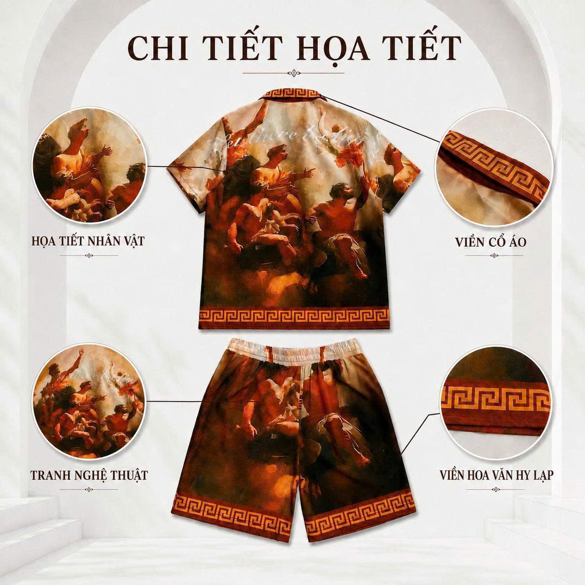 Set Áo Sơ Mi Và Quần Short Lụa Họa Tiết SMRBO-13 BEAVERTEE Form Oversize Unisex Nam Nữ, Thiết Kế Tranh Nghệ Thuật Cổ Điển Tone Nâu Đỏ Sang Trọng, Lụa Mềm Mịn Nhẹ Thoáng Mát