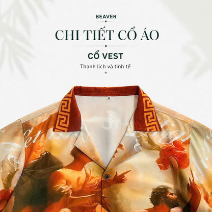 Set Áo Sơ Mi Và Quần Short Lụa Họa Tiết SMRBO-13 BEAVERTEE Form Oversize Unisex Nam Nữ, Thiết Kế Tranh Nghệ Thuật Cổ Điển Tone Nâu Đỏ Sang Trọng, Lụa Mềm Mịn Nhẹ Thoáng Mát
