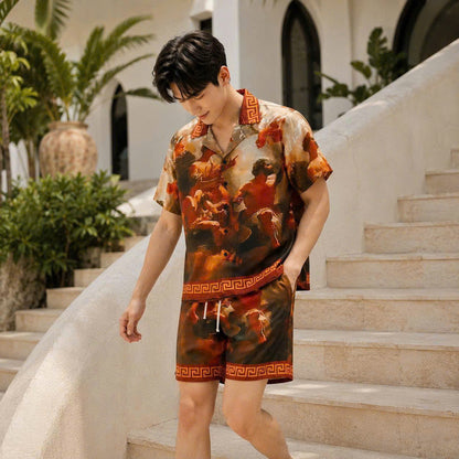 Set Áo Sơ Mi Và Quần Short Lụa Họa Tiết SMRBO-13 BEAVERTEE Form Oversize Unisex Nam Nữ, Thiết Kế Tranh Nghệ Thuật Cổ Điển Tone Nâu Đỏ Sang Trọng, Lụa Mềm Mịn Nhẹ Thoáng Mát