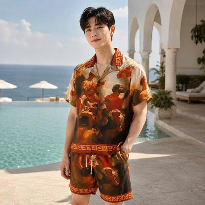 Set Áo Sơ Mi Và Quần Short Lụa Họa Tiết SMRBO-13 BEAVERTEE Form Oversize Unisex Nam Nữ, Thiết Kế Tranh Nghệ Thuật Cổ Điển Tone Nâu Đỏ Sang Trọng, Lụa Mềm Mịn Nhẹ Thoáng Mát